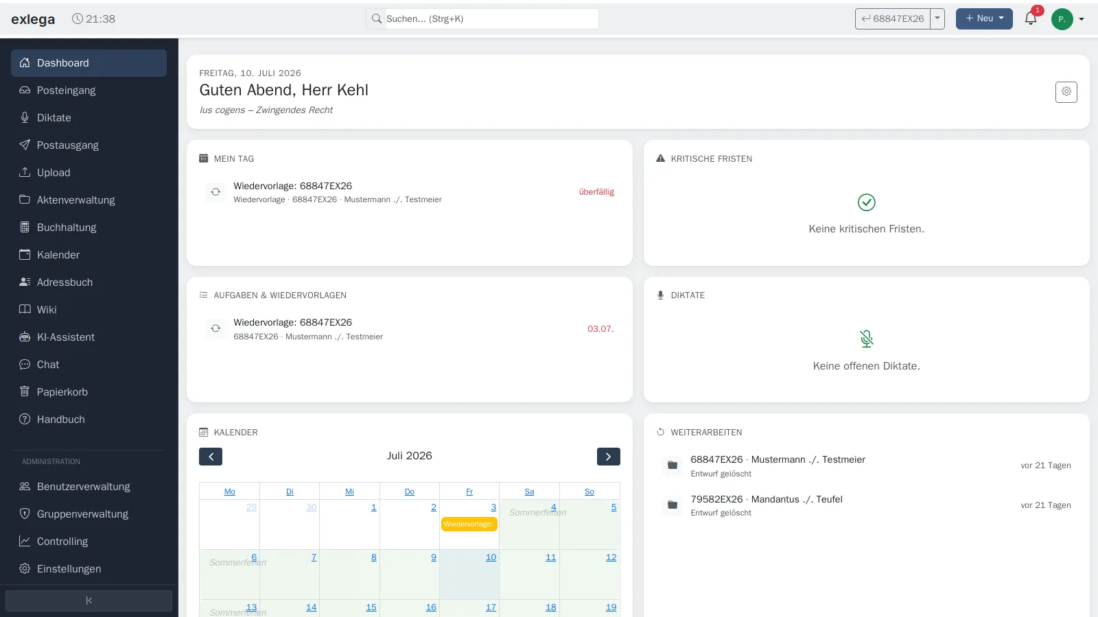 exlega Dashboard mit offenen Vorgängen, Zeiterfassung und Kalender